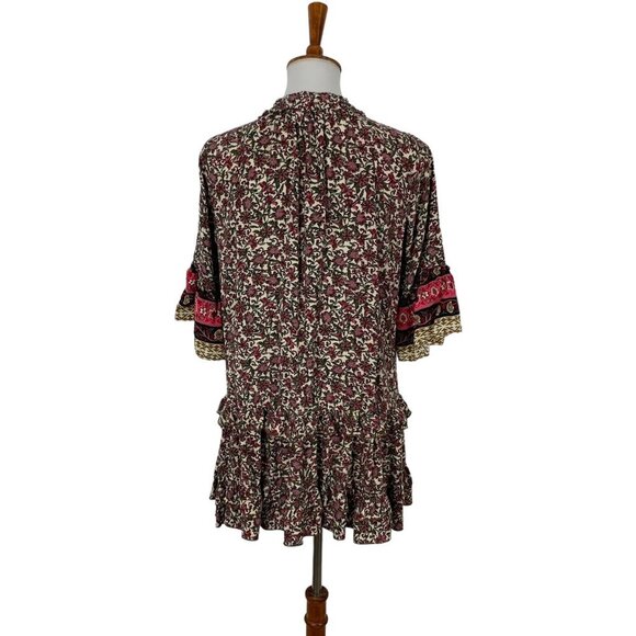 Umgee Boho Floral Tunic Dress Ruffle Hem Tassel Tie Peasant Blouse Small - Picture 4 of 6